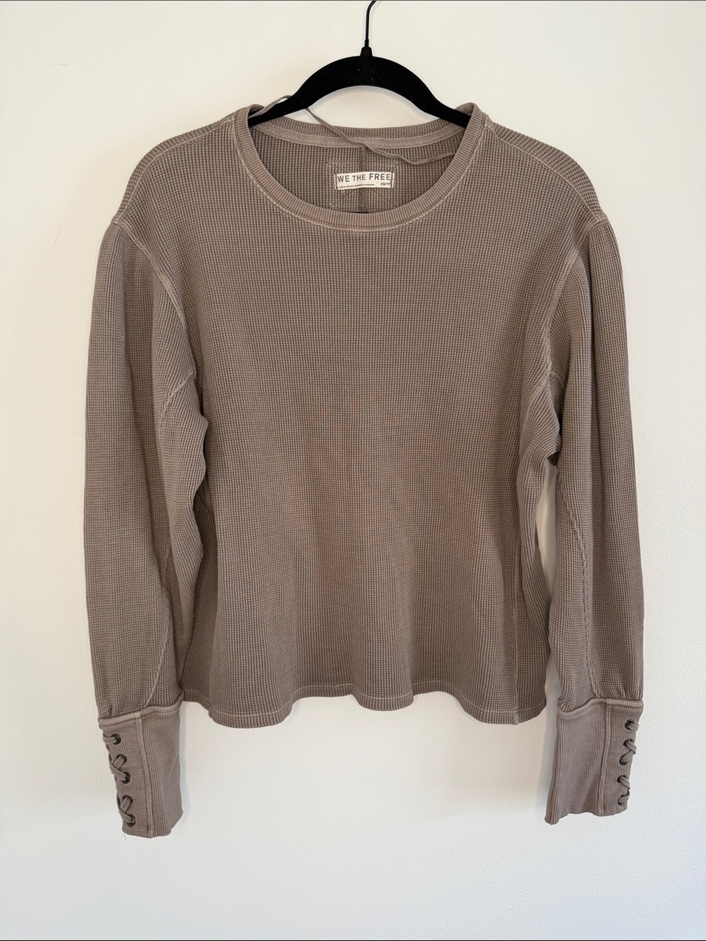 Free People Lapis Cuff Crew Neck Long Sleeve T-Shirt Waffle Knit Taupe Dune XS - Picture 2 of 9